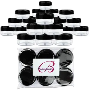 Beauticom 15 gram/15ml Empty Clear Small Round Travel Container Jars with Lids for Make Up Powders, Eyeshadow Pigments, Lotions, Creams, Lip Balm, Lip Gloss, Samples (60 Pieces, Black Lid)