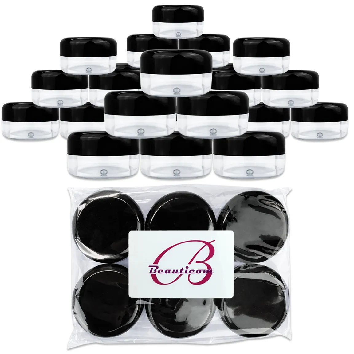 Beauticom 15 gram/15ml Empty Clear Small Round Travel Container Jars with Lids for Make Up Powders, Eyeshadow Pigments, Lotions, Creams, Lip Balm, Lip Gloss, Samples (60 Pieces, Black Lid)