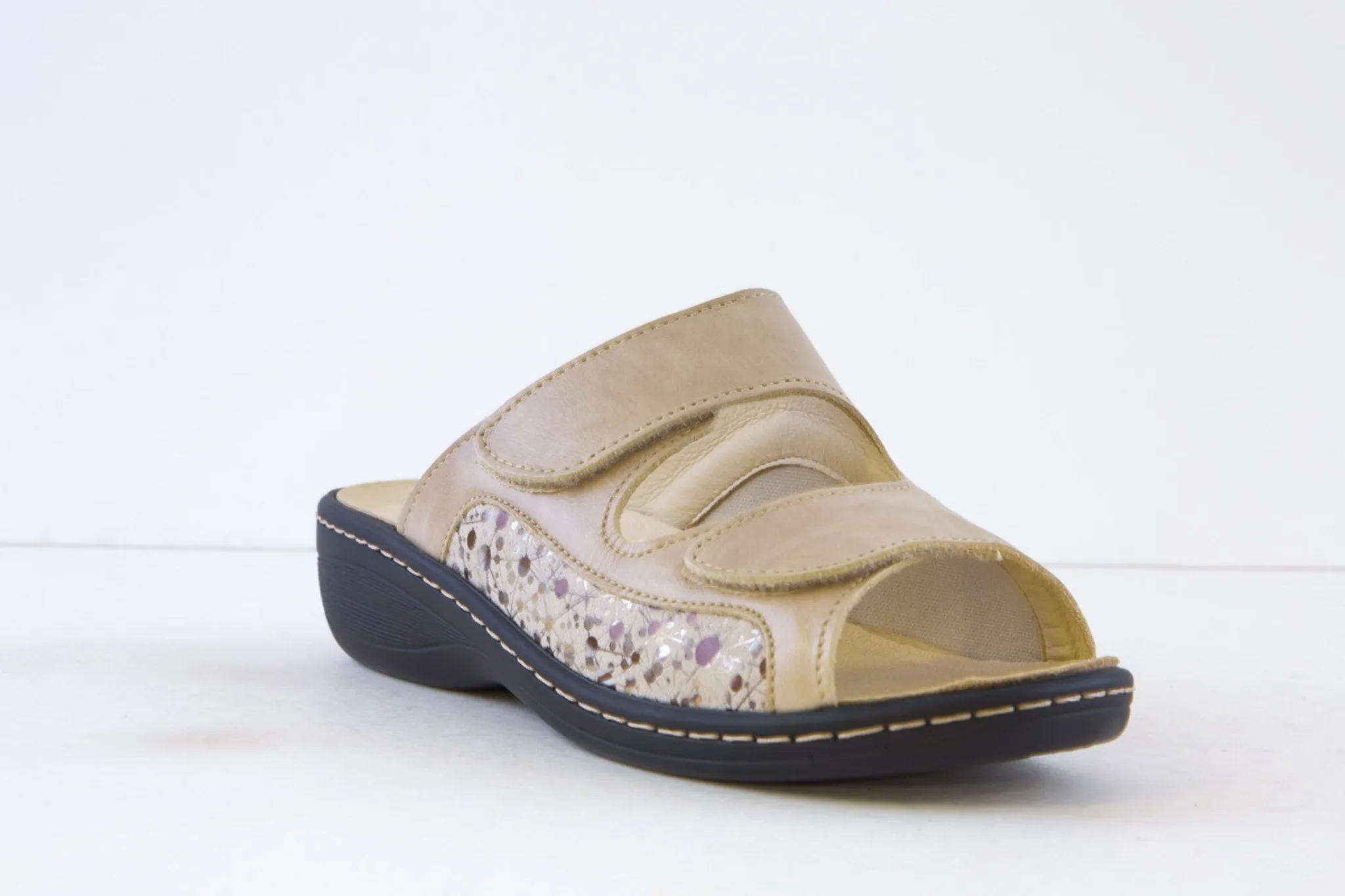 BELVIDA - 15.518 FLAT DOUBLE VELCRO MULE - TAUPE/BEIGE