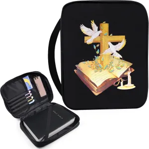 Bible Cover Case for Women & Men-Bible Study Supplies Covers with Zipper for Journaling Bible Accessories -Carrying Travel Case for Teens Black Tote Church Bag for Bible Study(Cross)