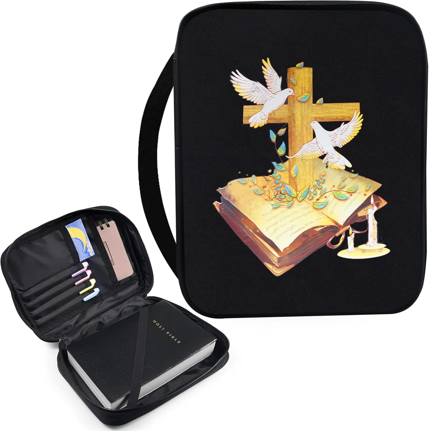 Bible Cover Case for Women & Men-Bible Study Supplies Covers with Zipper for Journaling Bible Accessories -Carrying Travel Case for Teens Black Tote Church Bag for Bible Study(Cross)