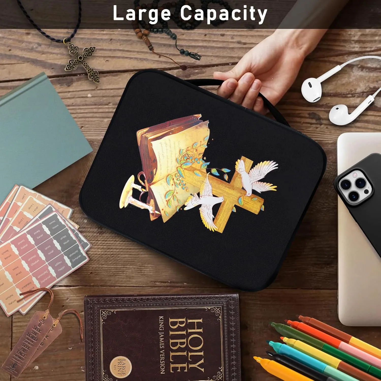 Bible Cover Case for Women & Men-Bible Study Supplies Covers with Zipper for Journaling Bible Accessories -Carrying Travel Case for Teens Black Tote Church Bag for Bible Study(Cross)