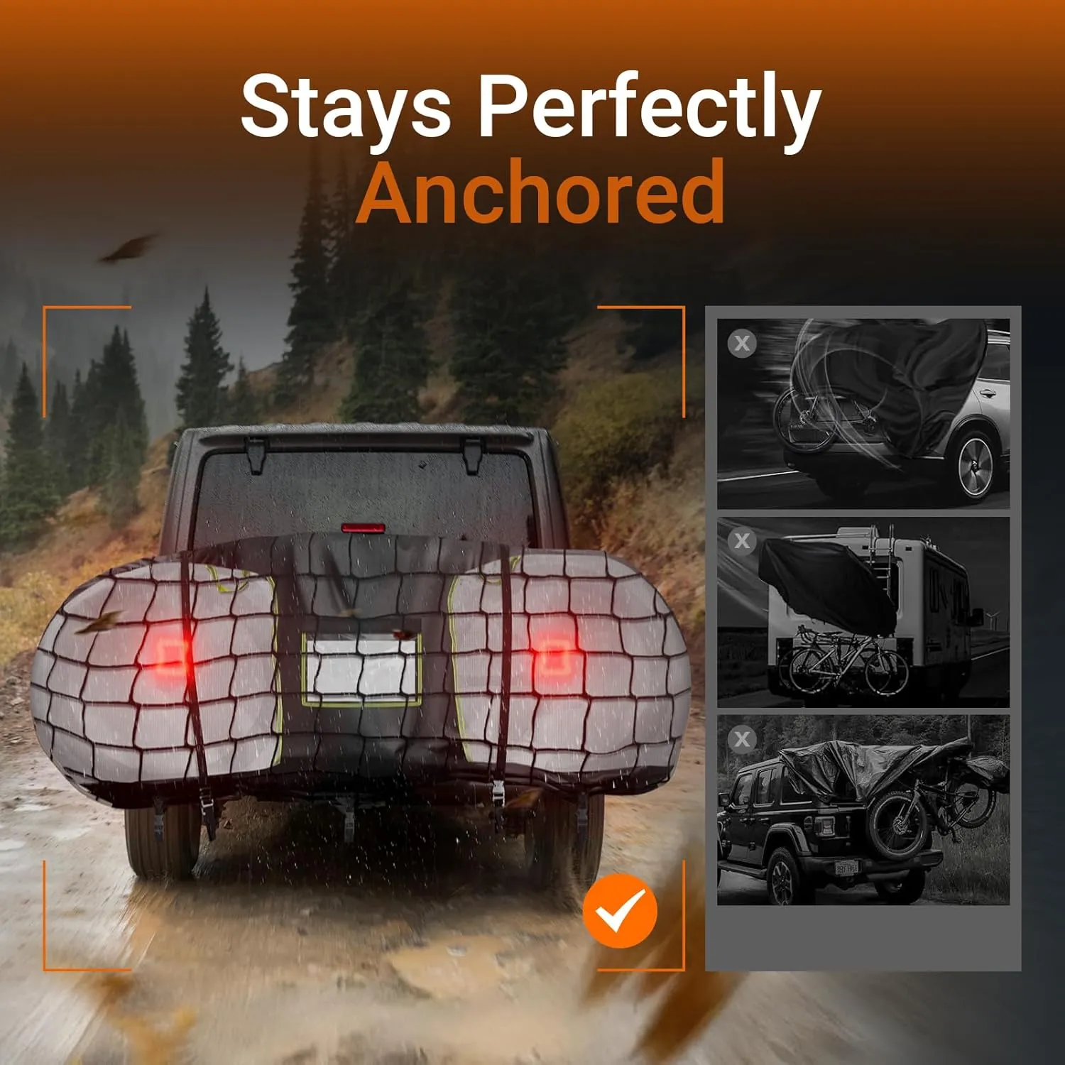 Bike Cover for Transport on Rack Waterproof Tear Resistant Outdoor Bicycle Cover for 1 Bike with 3 Elastic Straps and Reflective Strips, License Plate Window for Car, SUV, RV Travel