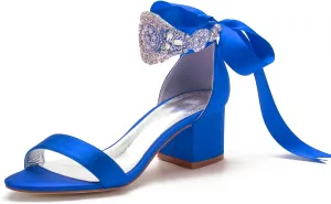 Block Heels Bride Wedding Pumps Bowknot Strap Bride Pumps Bridal Shoes Beaded Ankle Satin Sandals Open Toe Dress Evening Comfortable,Blue,7