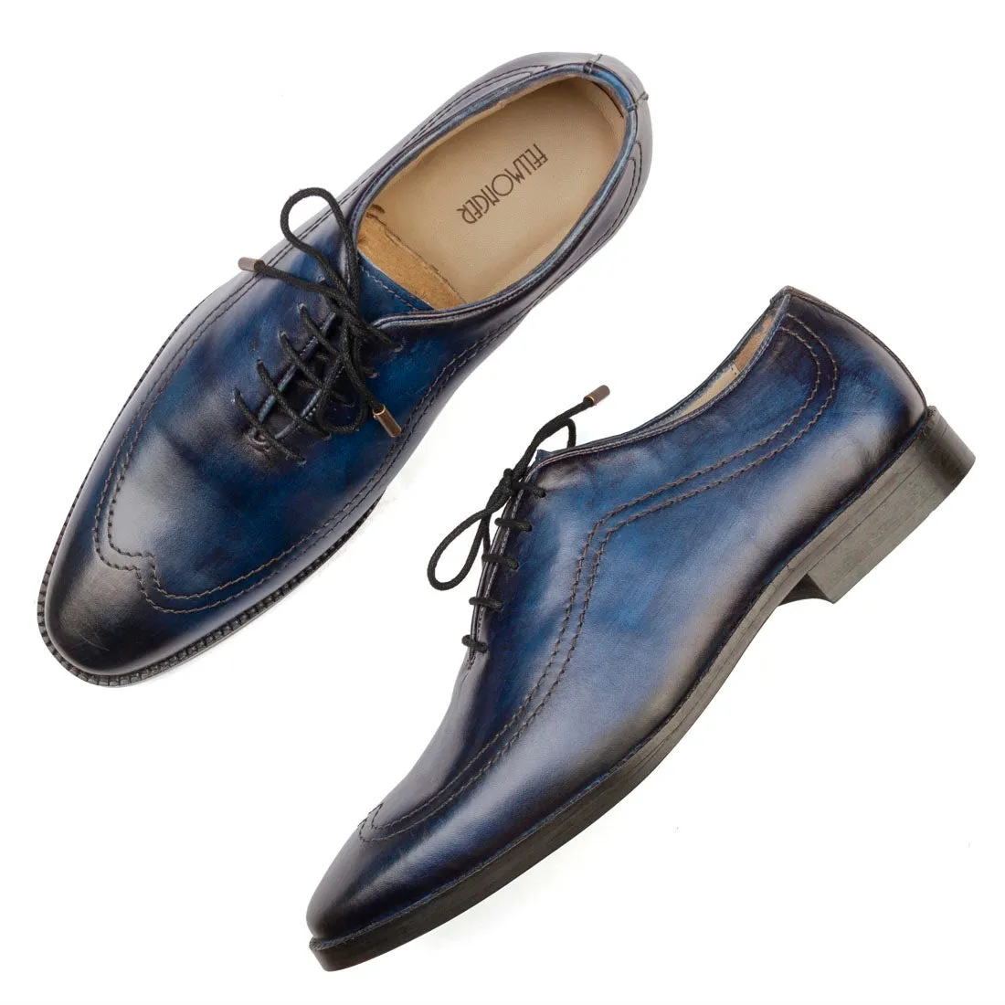 Blue Handpainted Patina Oxford with Stitch detail