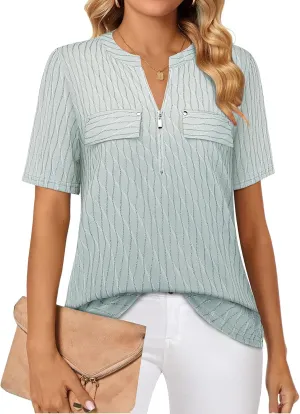 Bulotus Women's Zip Front V-Neck Short Sleeve Work Casual Top Blouse Shirt (Solid and Plaid)