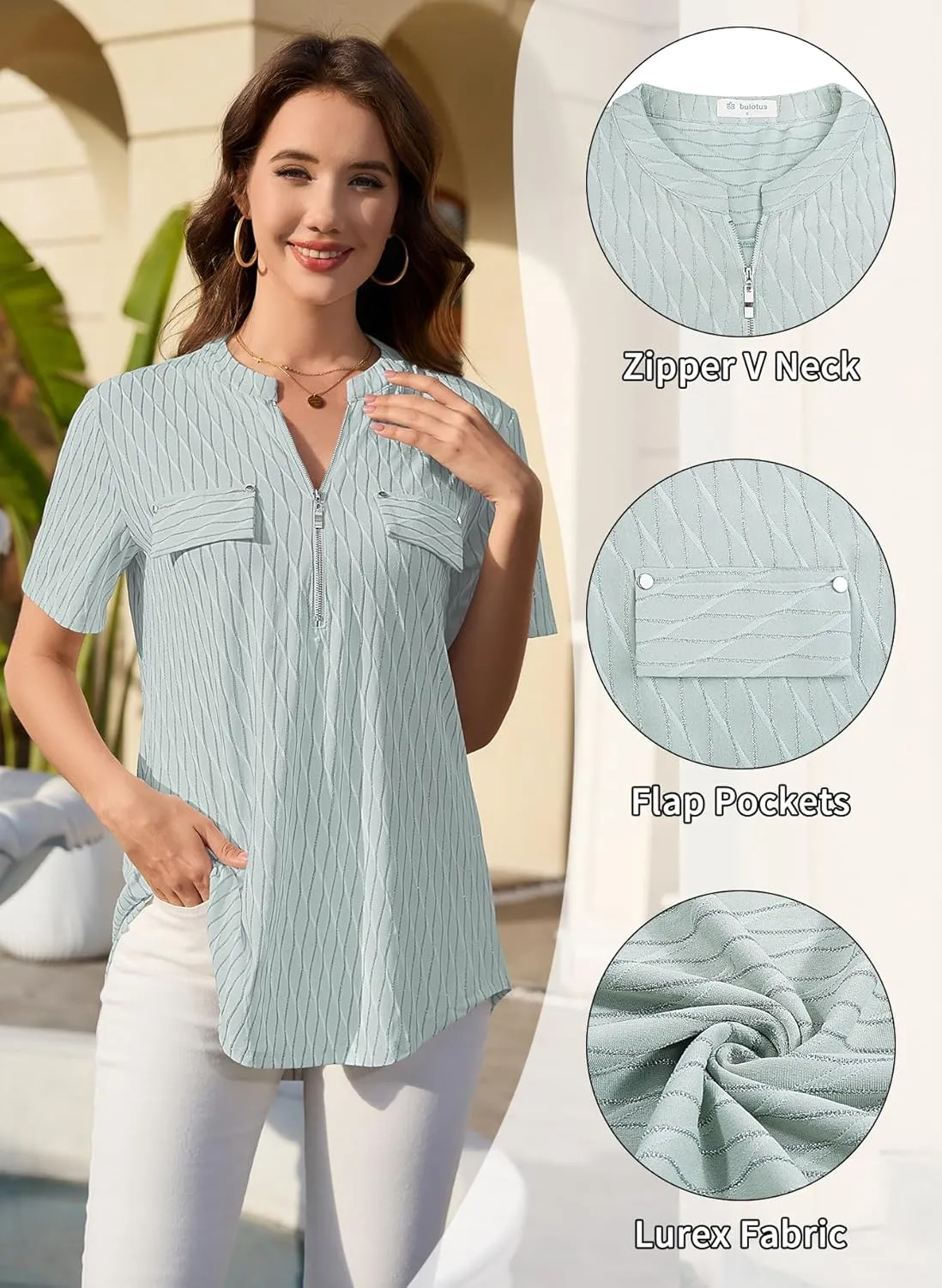 Bulotus Women's Zip Front V-Neck Short Sleeve Work Casual Top Blouse Shirt (Solid and Plaid)