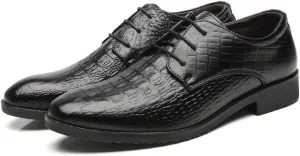 Business Oxford for Men Dress Shoes Microfiber Leather Pointed Toe Lace up Croc Texture Embossed British Style Stitch Anti-Slip Block Heel