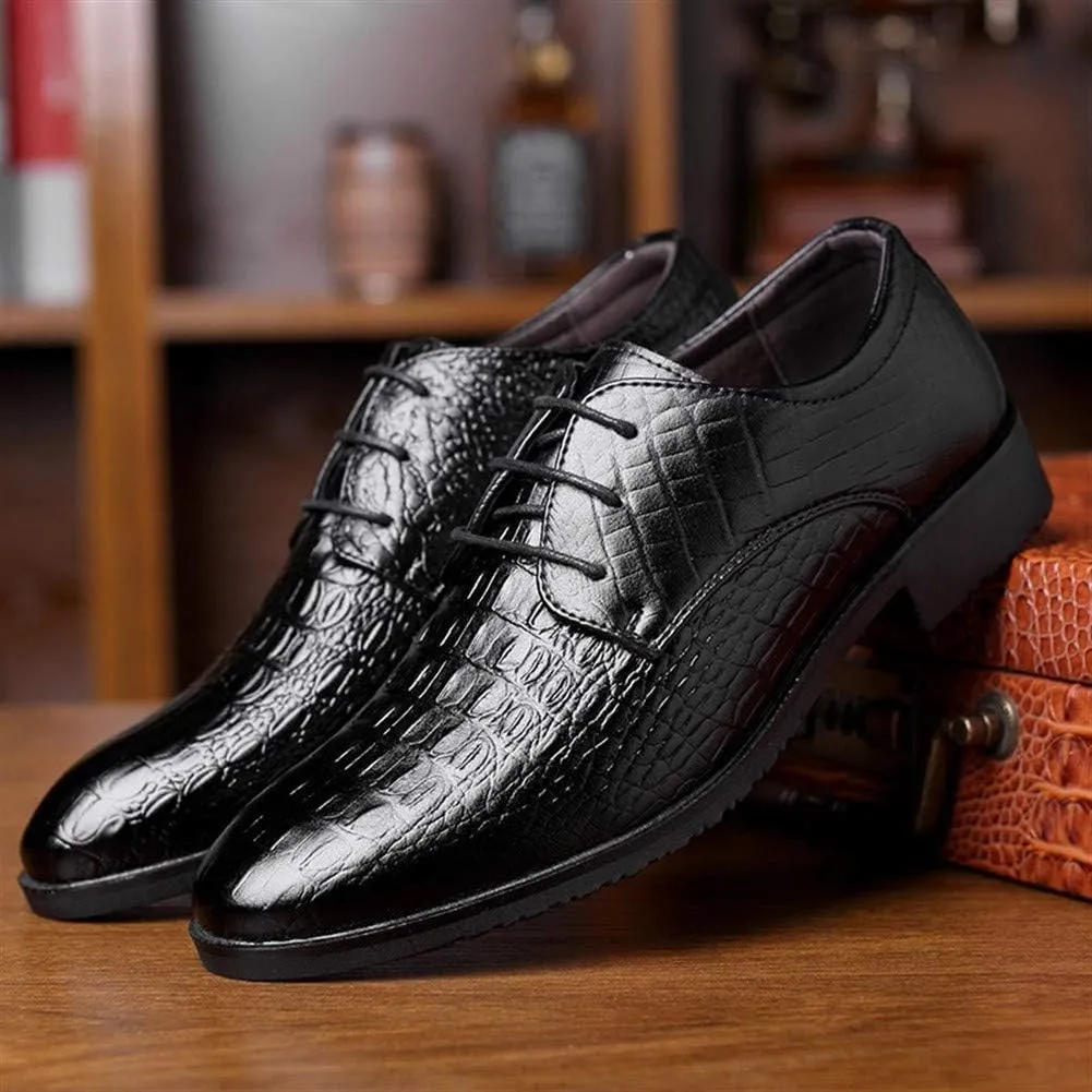 Business Oxford for Men Dress Shoes Microfiber Leather Pointed Toe Lace up Croc Texture Embossed British Style Stitch Anti-Slip Block Heel