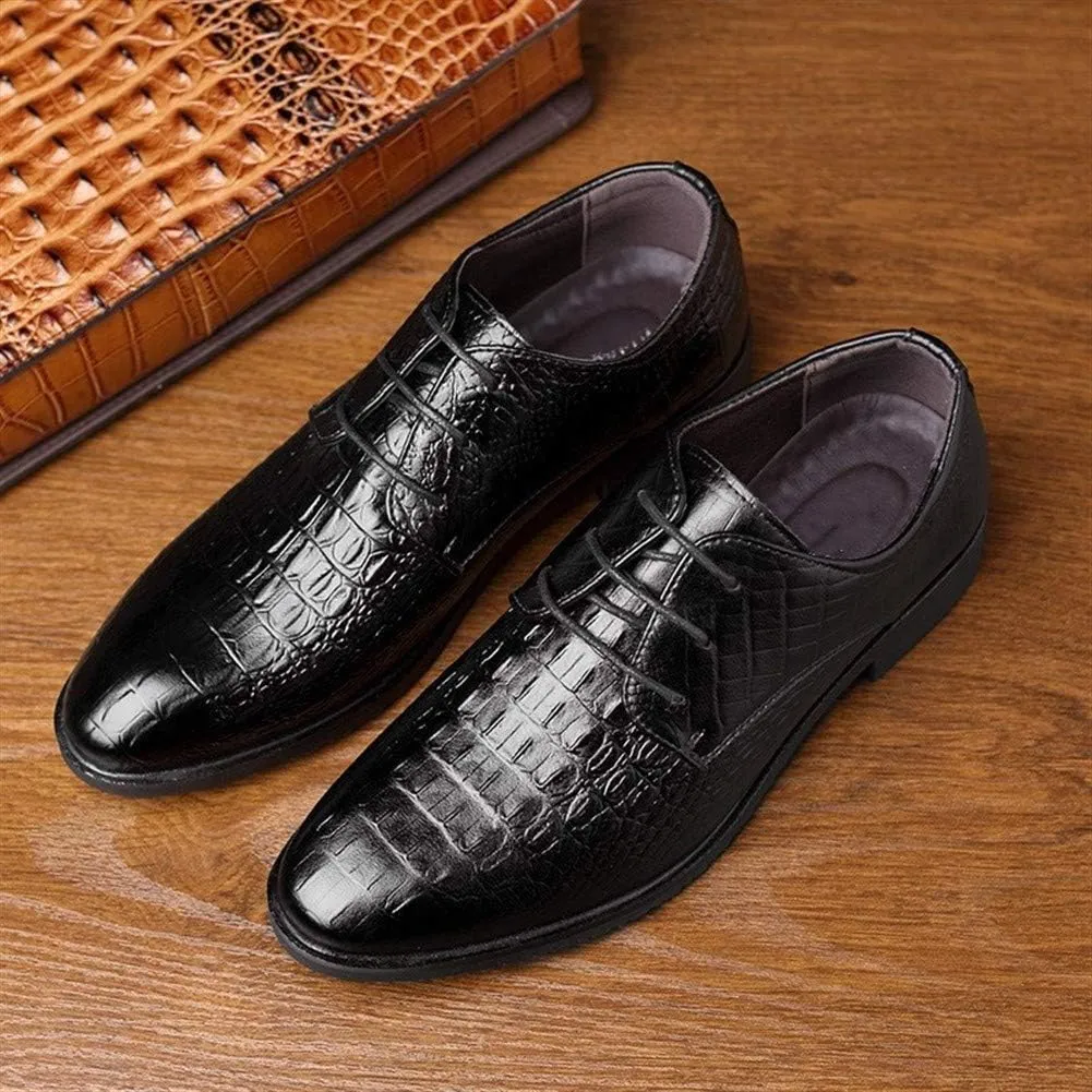 Business Oxford for Men Dress Shoes Microfiber Leather Pointed Toe Lace up Croc Texture Embossed British Style Stitch Anti-Slip Block Heel