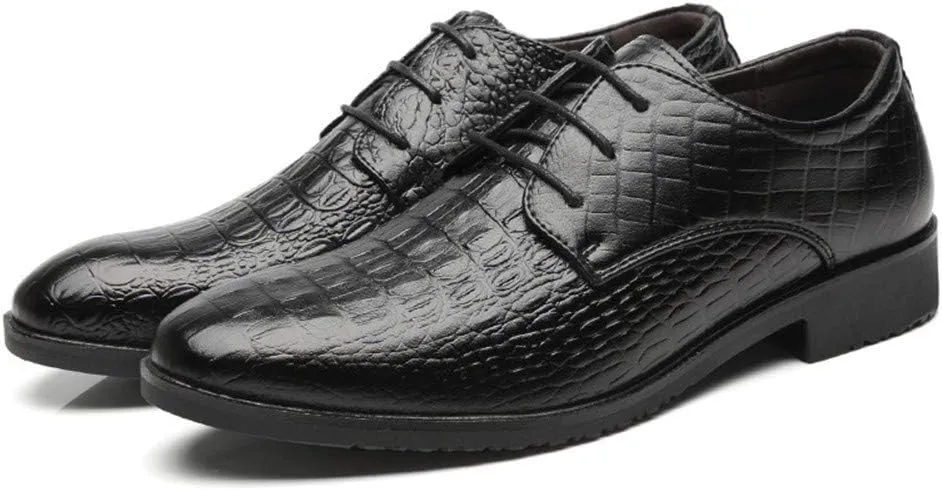 Business Oxford for Men Dress Shoes Microfiber Leather Pointed Toe Lace up Croc Texture Embossed British Style Stitch Anti-Slip Block Heel