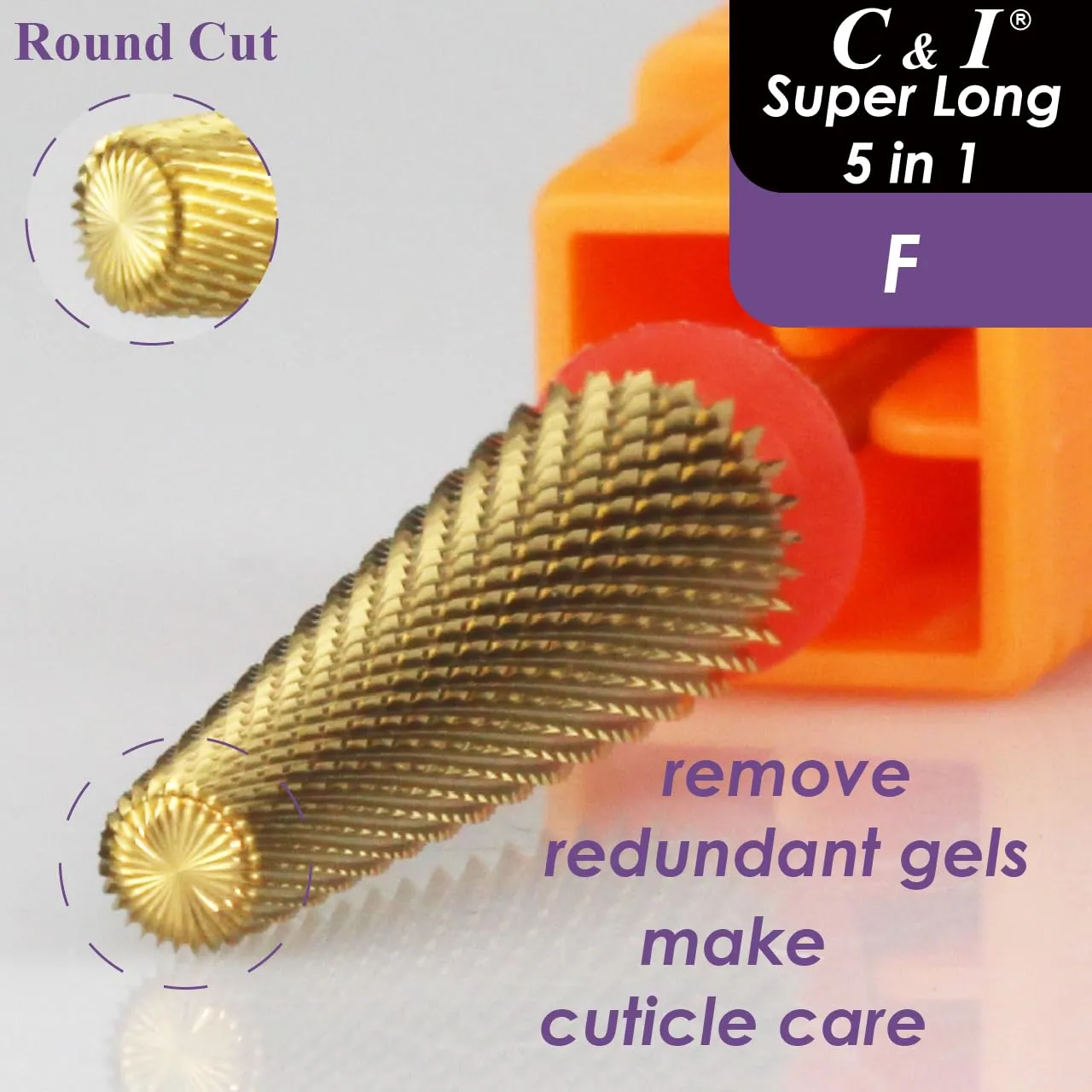 C & I Nail Drill Bit Upgrade 5 in 1 Super Long E-File for Manicure Drill Machine, Special Remove Extension Nails, Fake Acrylic Nails, Nail Gels, Cross Cut Efile for Nail Techs (Fine -F)