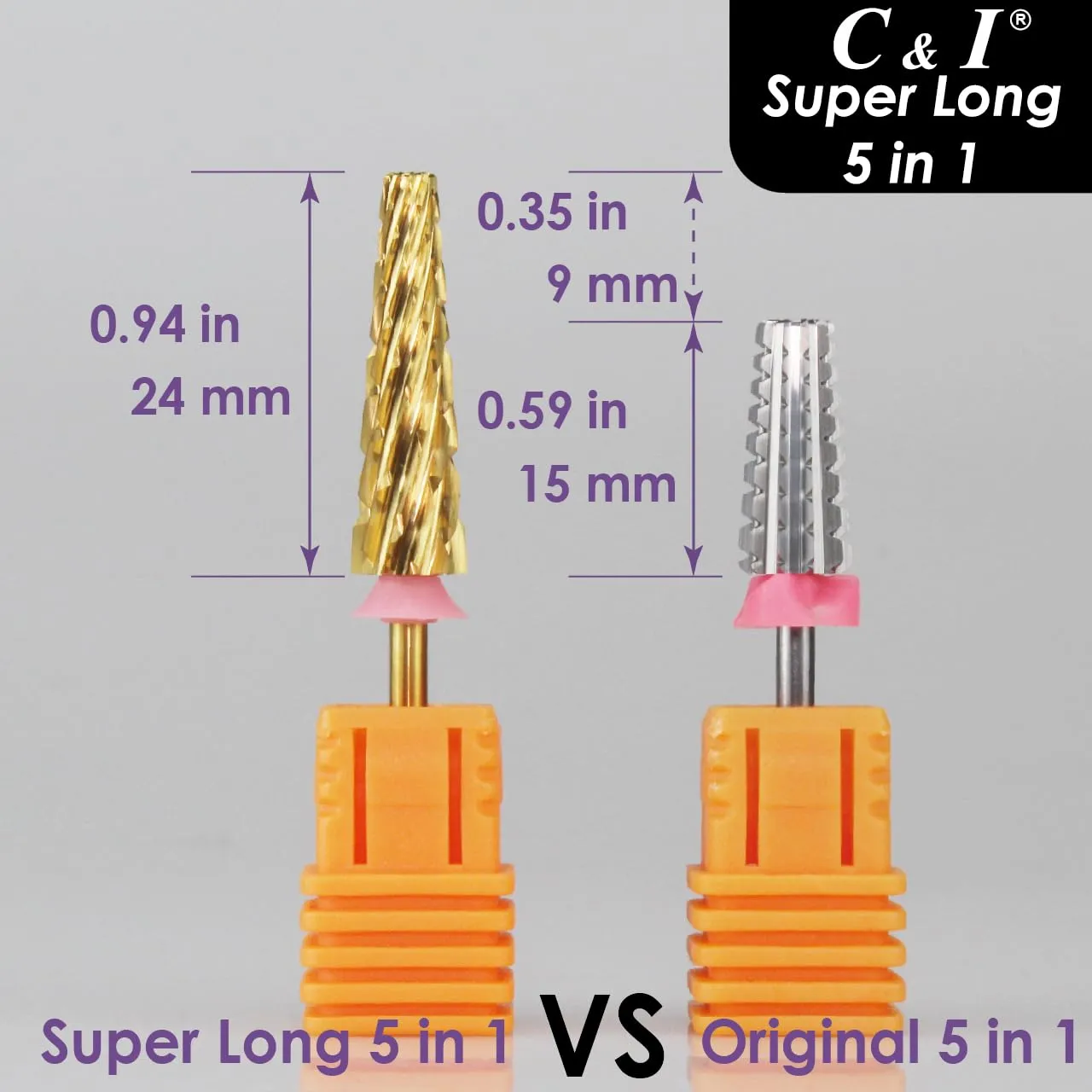 C & I Nail Drill Bit Upgrade 5 in 1 Super Long E-File for Manicure Drill Machine, Special Remove Extension Nails, Fake Acrylic Nails, Nail Gels, Cross Cut Efile for Nail Techs (Fine -F)