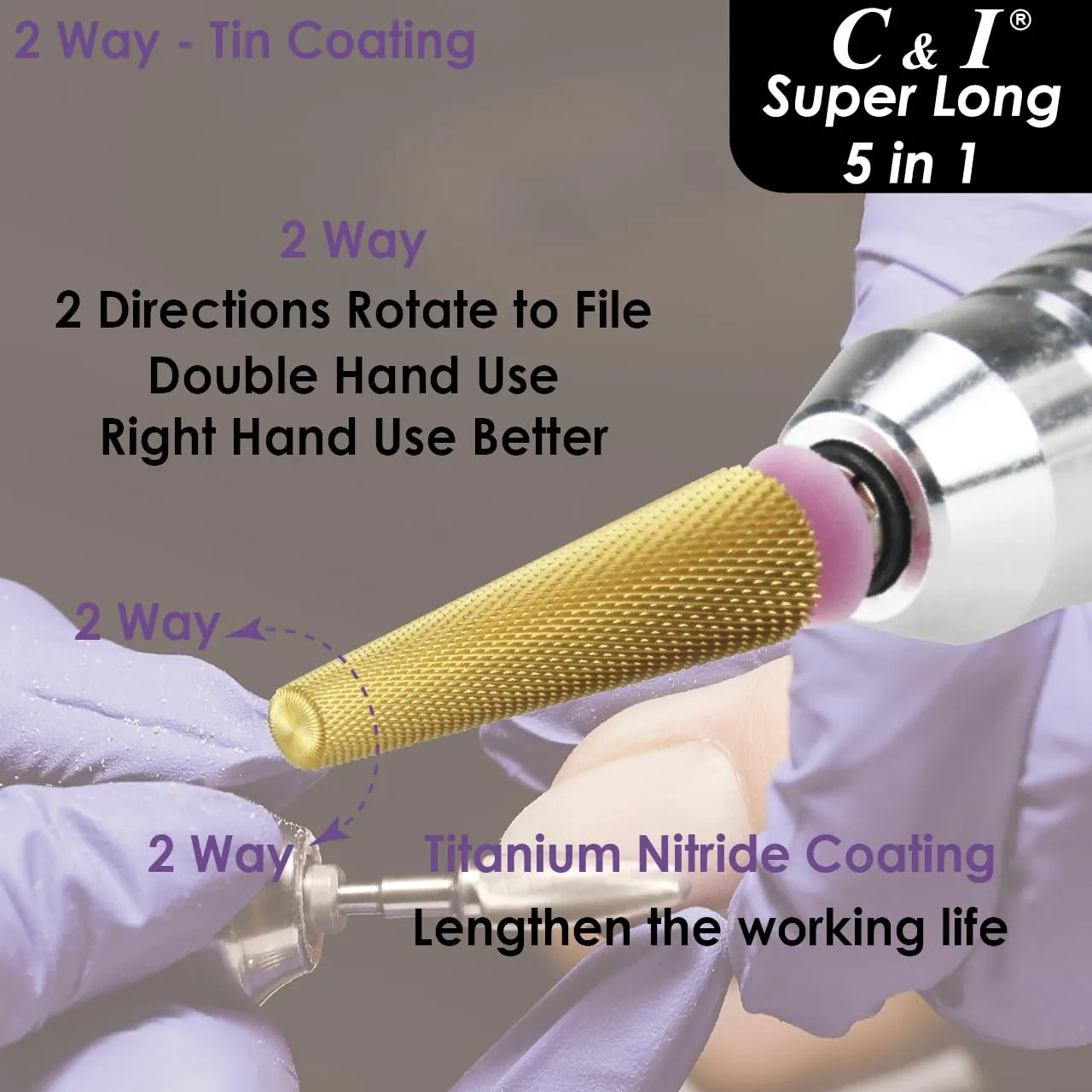 C & I Nail Drill Bit Upgrade 5 in 1 Super Long E-File for Manicure Drill Machine, Special Remove Extension Nails, Fake Acrylic Nails, Nail Gels, Cross Cut Efile for Nail Techs (Fine -F)