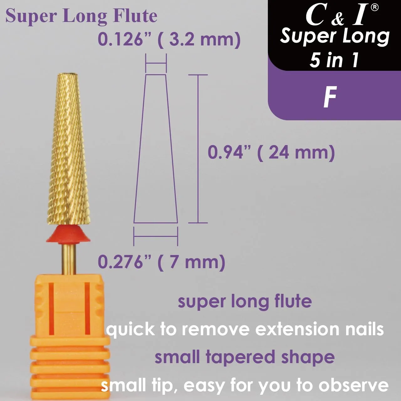 C & I Nail Drill Bit Upgrade 5 in 1 Super Long E-File for Manicure Drill Machine, Special Remove Extension Nails, Fake Acrylic Nails, Nail Gels, Cross Cut Efile for Nail Techs (Fine -F)