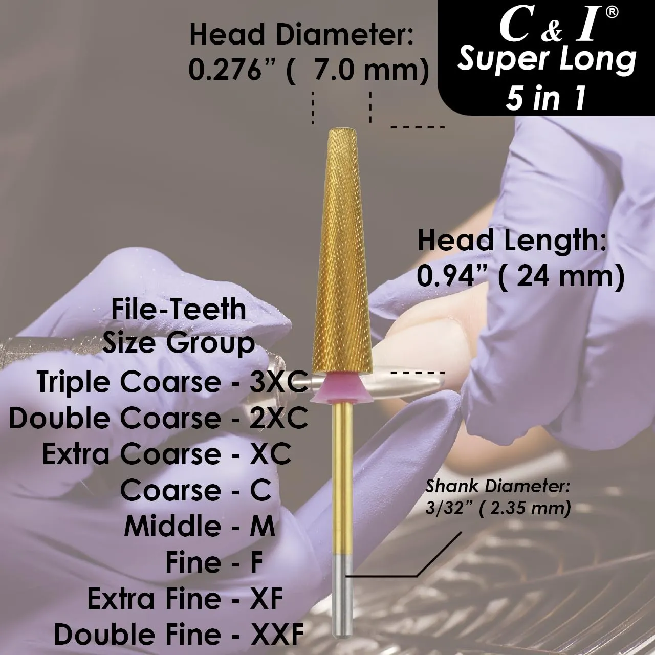 C & I Nail Drill Bit Upgrade 5 in 1 Super Long E-File for Manicure Drill Machine, Special Remove Extension Nails, Fake Acrylic Nails, Nail Gels, Cross Cut Efile for Nail Techs (Fine -F)