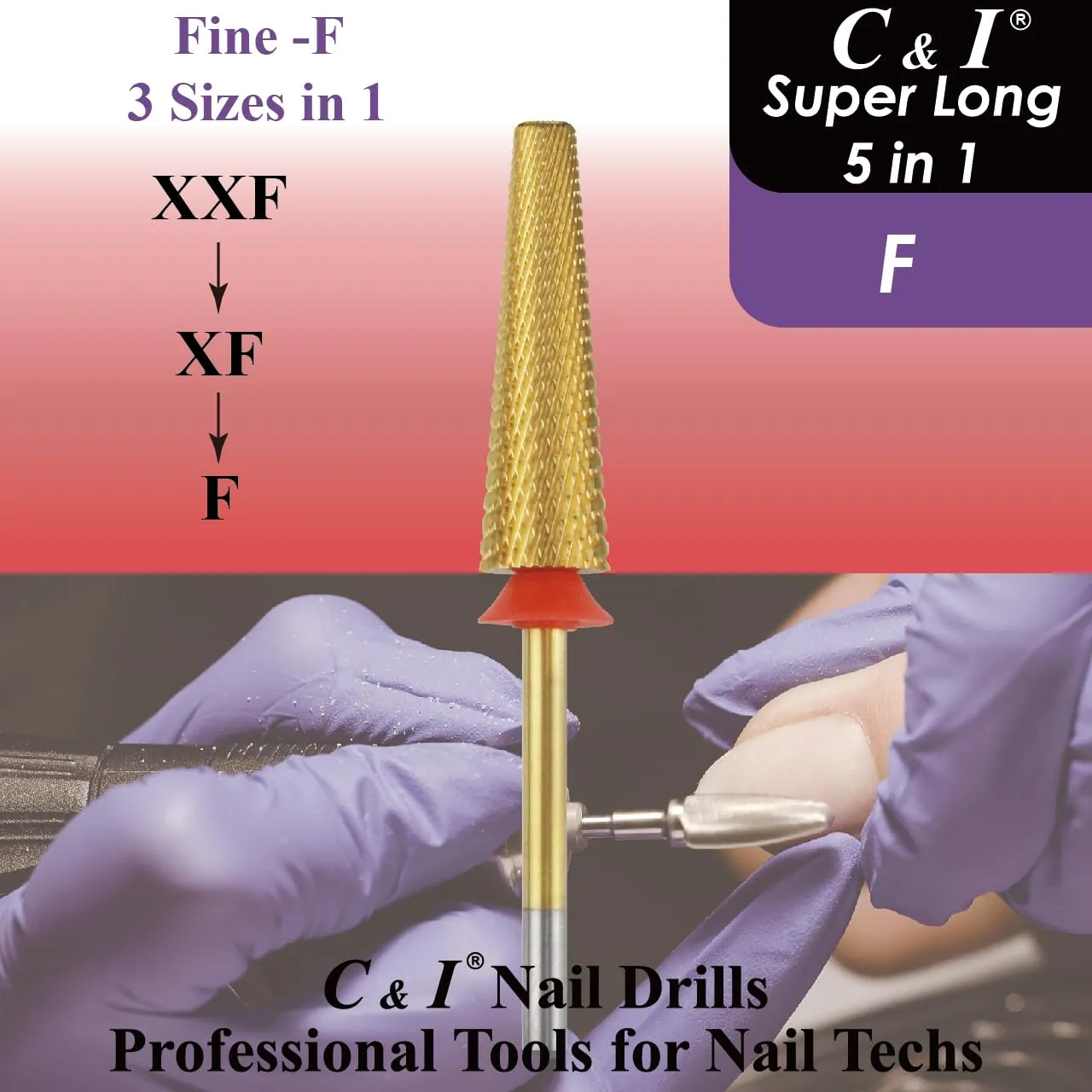 C & I Nail Drill Bit Upgrade 5 in 1 Super Long E-File for Manicure Drill Machine, Special Remove Extension Nails, Fake Acrylic Nails, Nail Gels, Cross Cut Efile for Nail Techs (Fine -F)