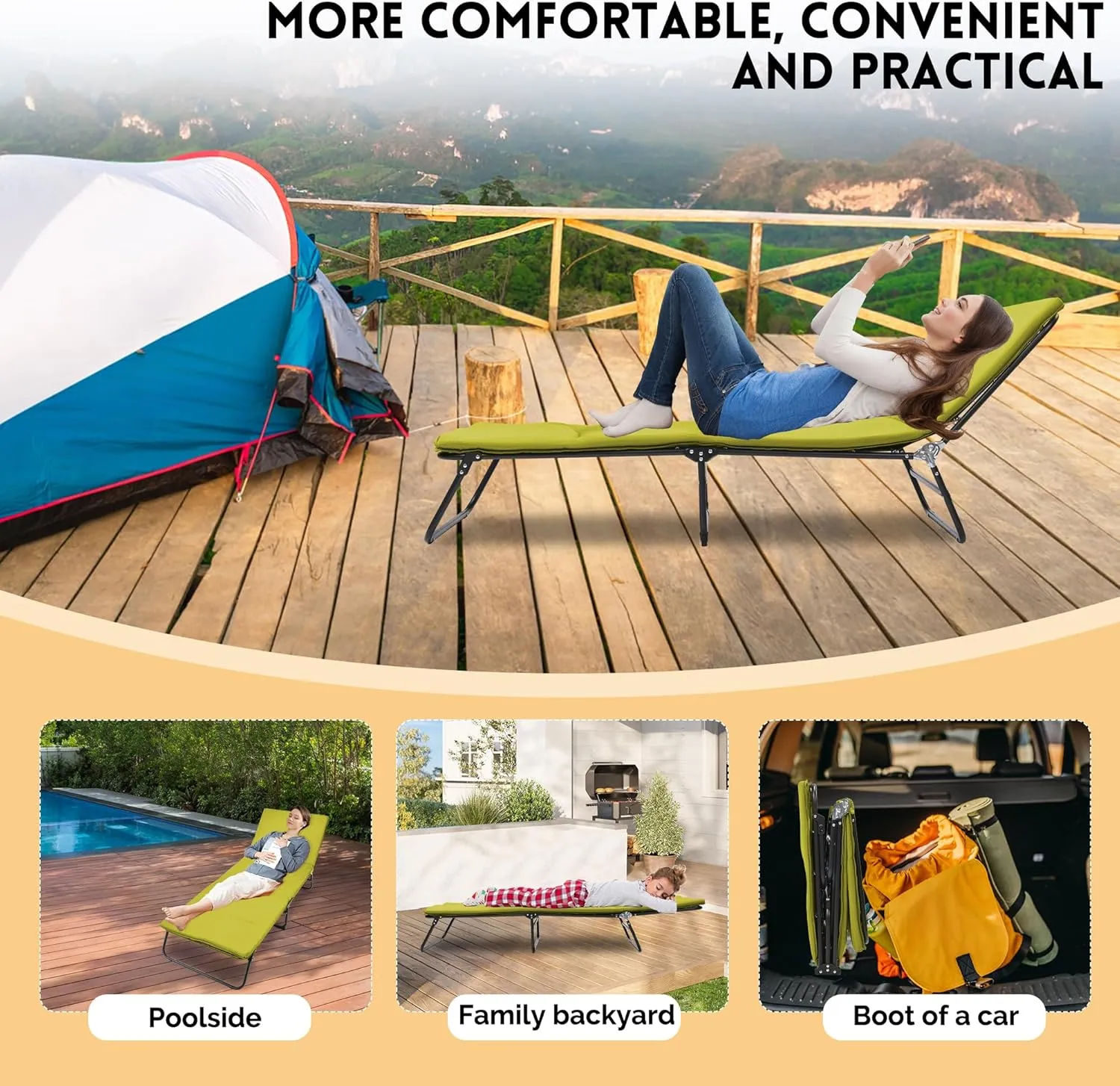 Camping Cot, Outdoor Folding Cot Bed with Pad and Pillow for Adults Heavy Duty Sleeping Cot, Portable Camp Cots for Camping Tent Travel Office, 1200 D Layer Oxford Travel Camp Cots (Green)