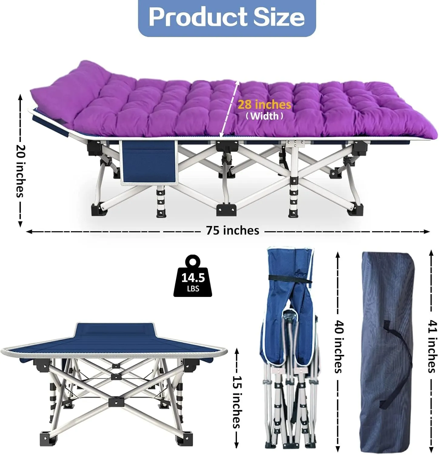 Camping Cot with Comfortable Mattress Cots for Camping with Pad Heavy Duty Camping Bed Sleeping Cot With Carry Bag Folding Cots for Adults Home Office Nap Vocation Outdoor Indoor Easy to Set Up