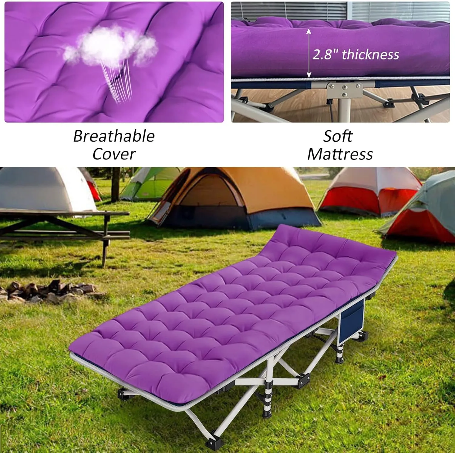 Camping Cot with Comfortable Mattress Cots for Camping with Pad Heavy Duty Camping Bed Sleeping Cot With Carry Bag Folding Cots for Adults Home Office Nap Vocation Outdoor Indoor Easy to Set Up