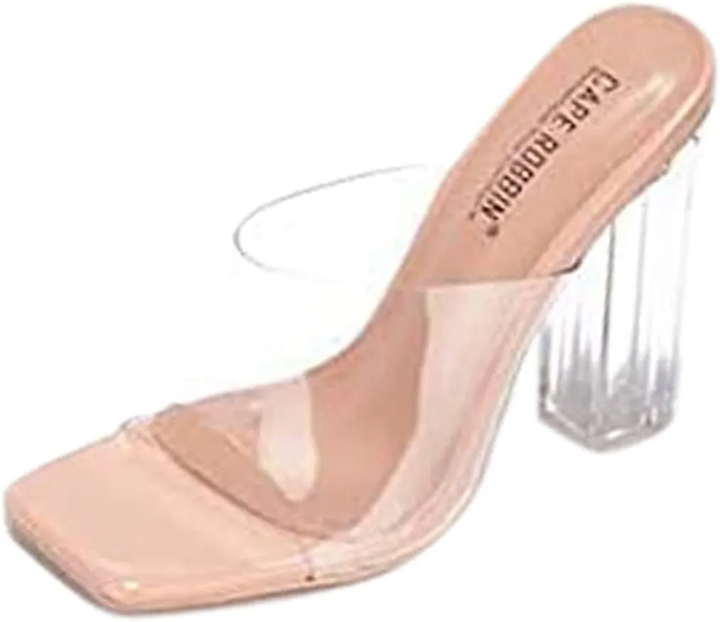 Cape Robbin Edna Clear Chunky Block High Square Open Toe Heels Sandals Mule