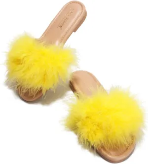 Cape Robbin Sandals-1 White Fur Slip On Feathers Flat Slide Mule Sandals
