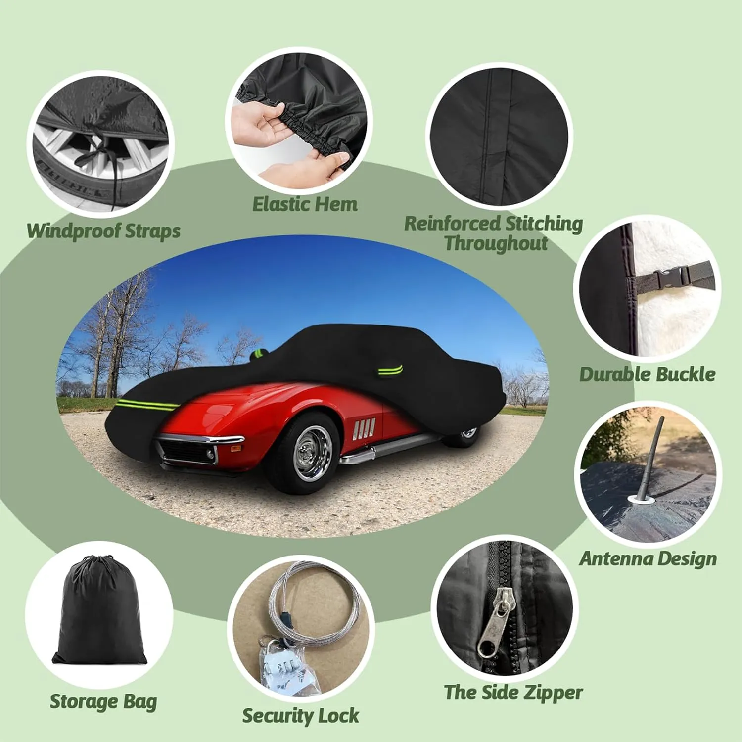 Car Covers for 1968-1982 Corvette C3, 6 Layers 210T Waterproof All Weather Sun UV Rain Snow Outdoor Windproof Full C3 Car Cover with Cotton Lining & Door Zipper-Black