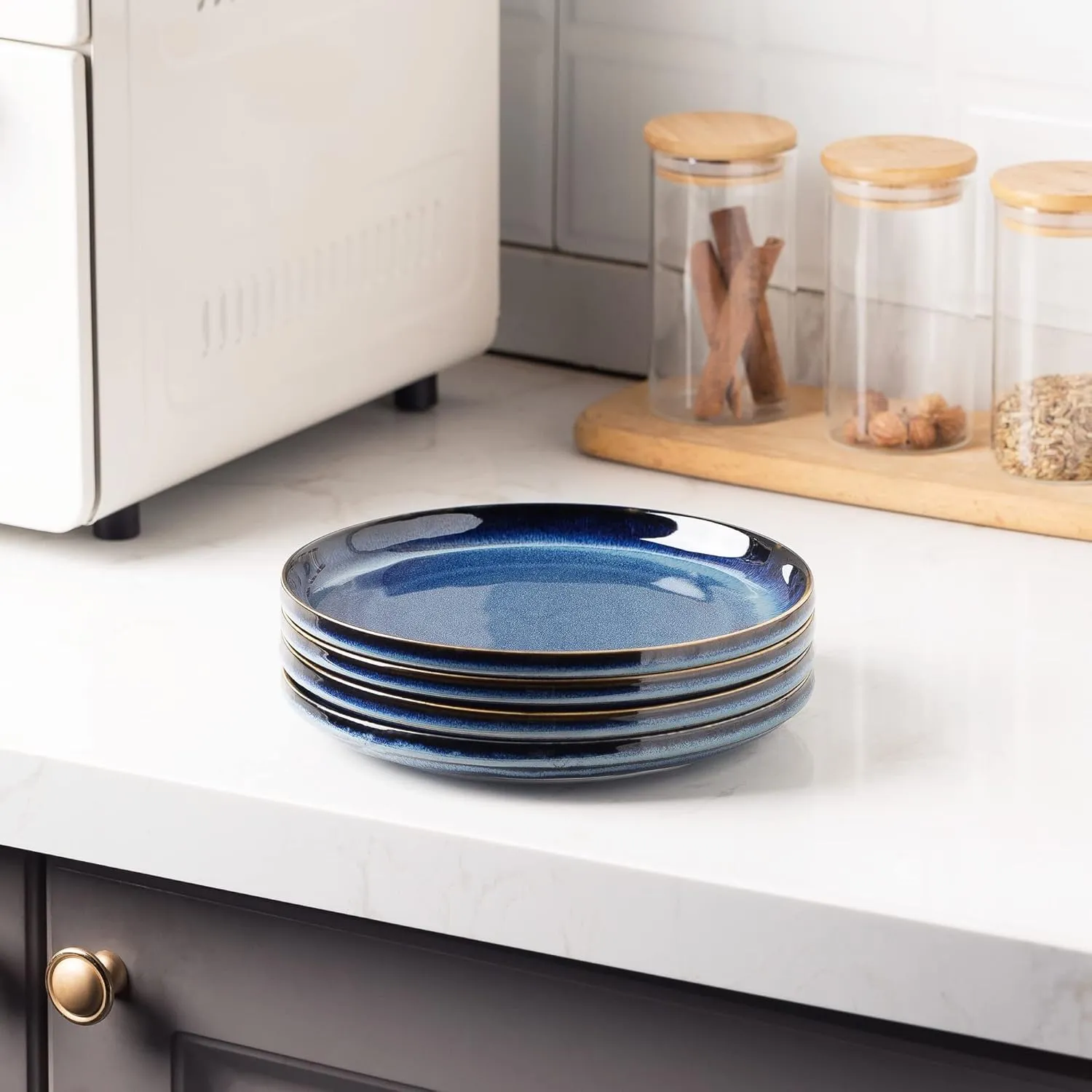Ceramic Flat Plates Set of 4-8 in - The Dessert, Salad, Appetizer, Small Lunch, etc Plate. Microwave, Oven, and Dishwasher Safe, Scratch Resistant. Kitchen Porcelain Dish-Royal Blue
