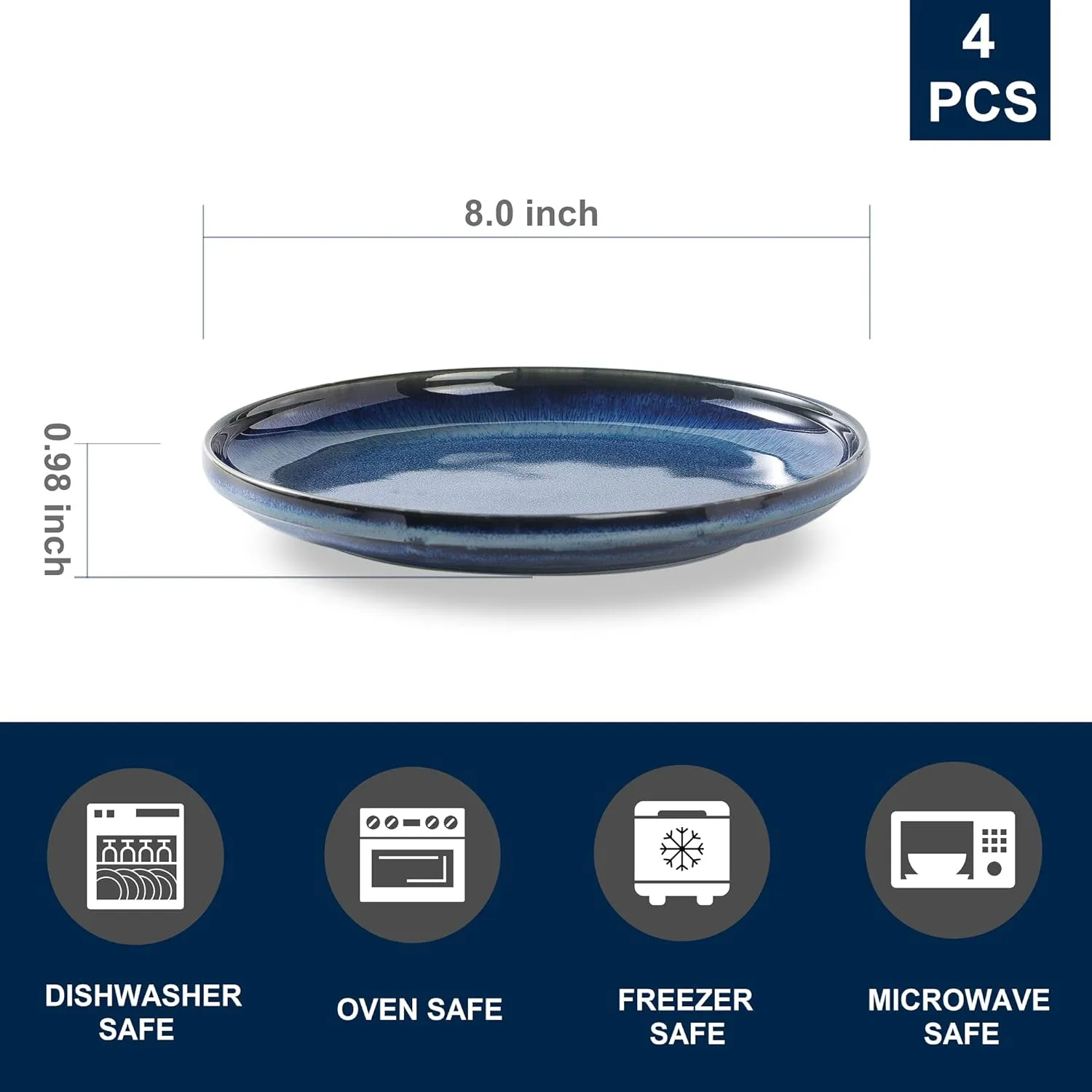 Ceramic Flat Plates Set of 4-8 in - The Dessert, Salad, Appetizer, Small Lunch, etc Plate. Microwave, Oven, and Dishwasher Safe, Scratch Resistant. Kitchen Porcelain Dish-Royal Blue