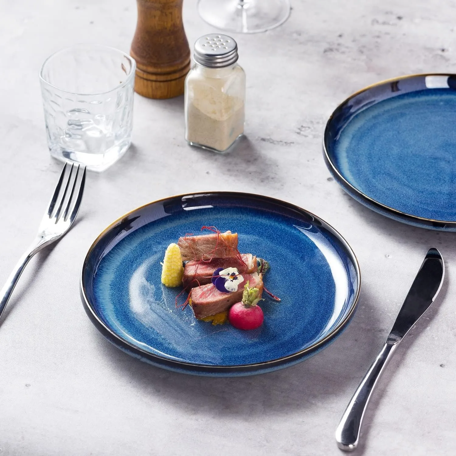 Ceramic Flat Plates Set of 4-8 in - The Dessert, Salad, Appetizer, Small Lunch, etc Plate. Microwave, Oven, and Dishwasher Safe, Scratch Resistant. Kitchen Porcelain Dish-Royal Blue
