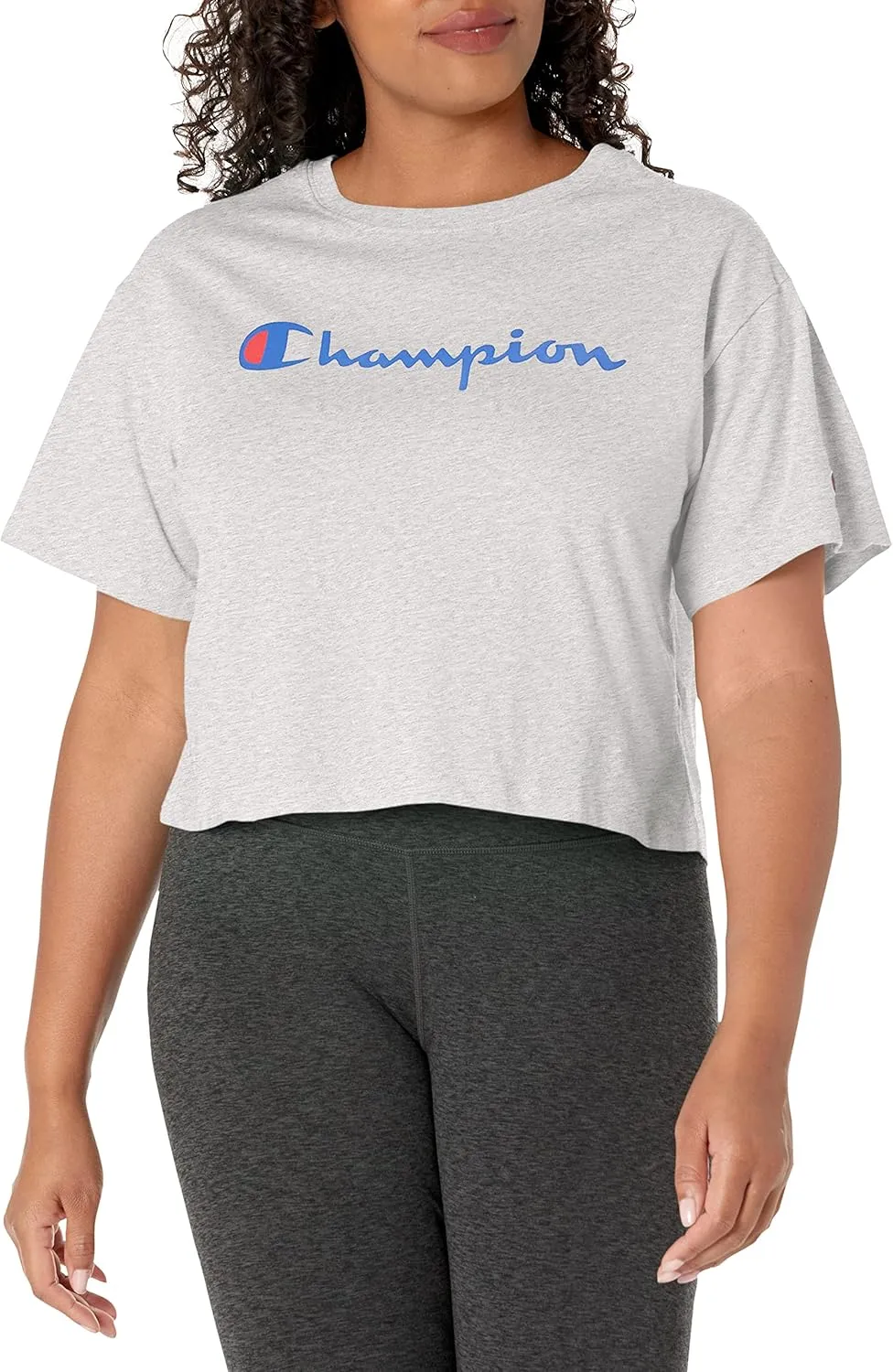 Champion womens Cropped Tee, Script Logo T Shirt, Oxford Gray-550757, Medium US