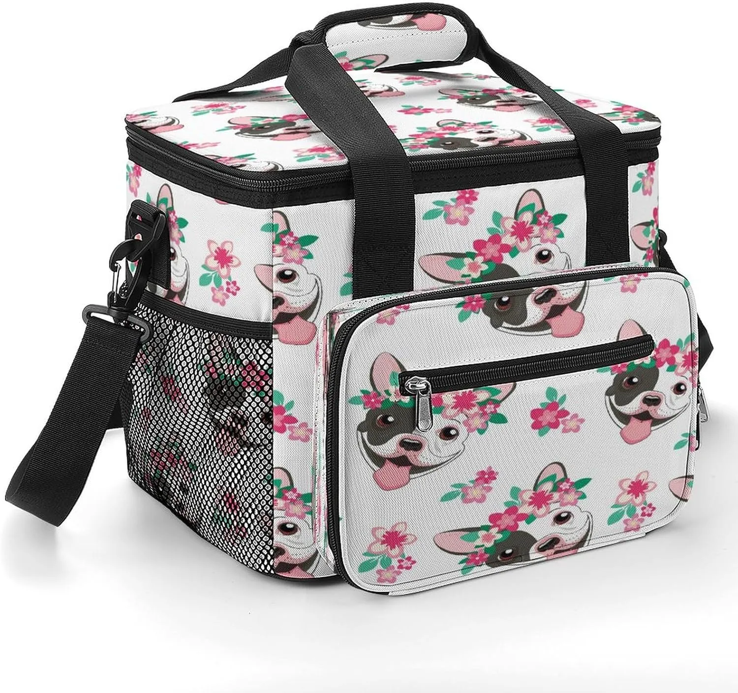 Cheerful French Bulldog 22.5L Insulated Camping Coolers Bag Pink Flowers Funny Large Leakproof Ice Chest for Beach Travel Picnic