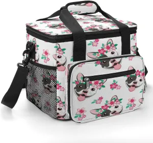 Cheerful French Bulldog 22.5L Insulated Camping Coolers Bag Pink Flowers Funny Large Leakproof Ice Chest for Beach Travel Picnic