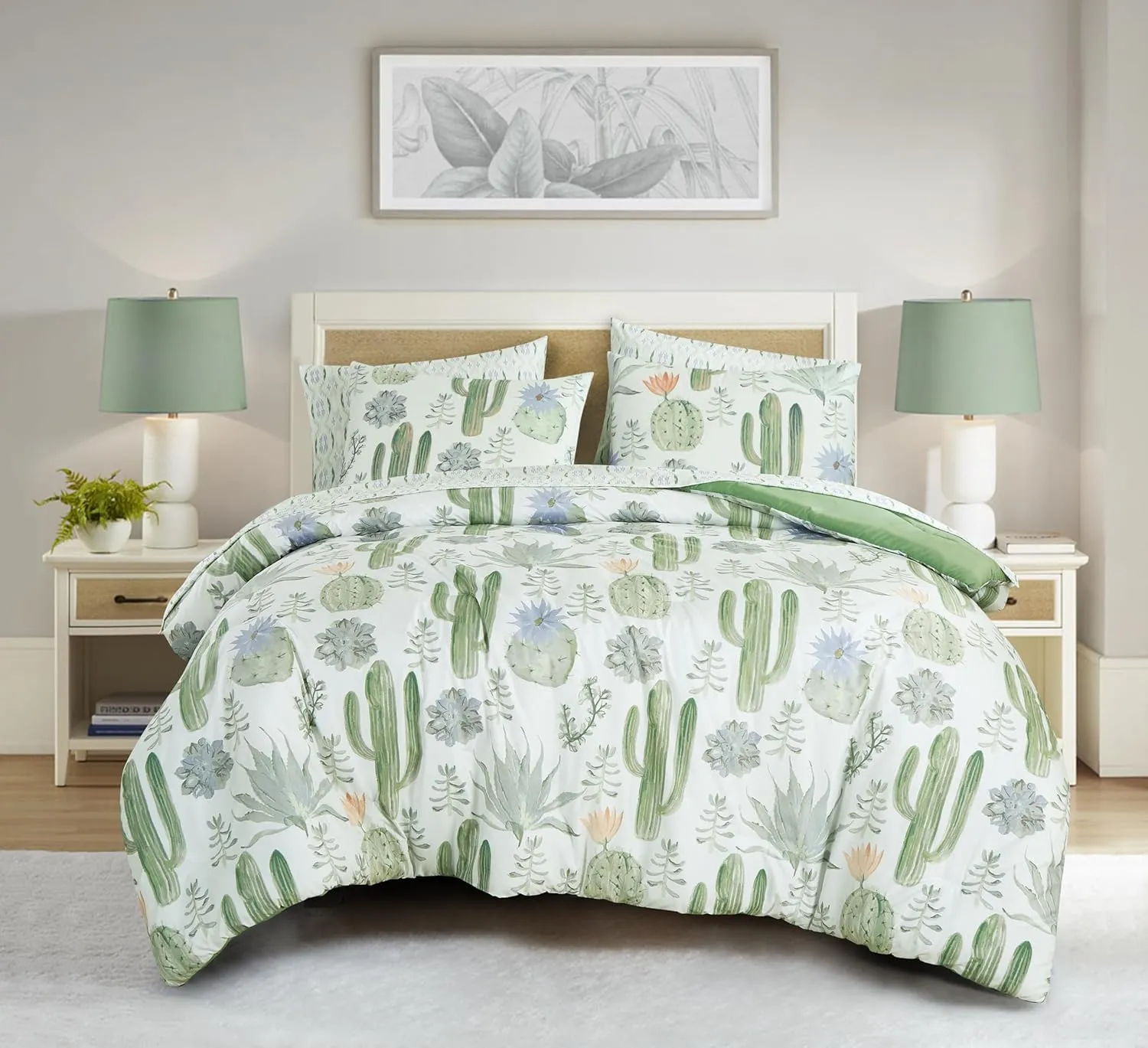 Chezmoi Collection Gregory 7-Piece Serene Lodge Bed in a Bag King Comforter Set - Green Blue Cactus Succulent Plant Printed Microfiber Bedding Set