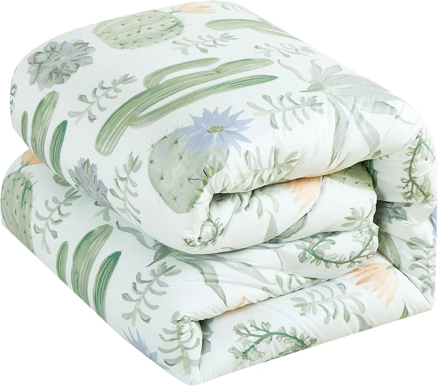 Chezmoi Collection Gregory 7-Piece Serene Lodge Bed in a Bag King Comforter Set - Green Blue Cactus Succulent Plant Printed Microfiber Bedding Set