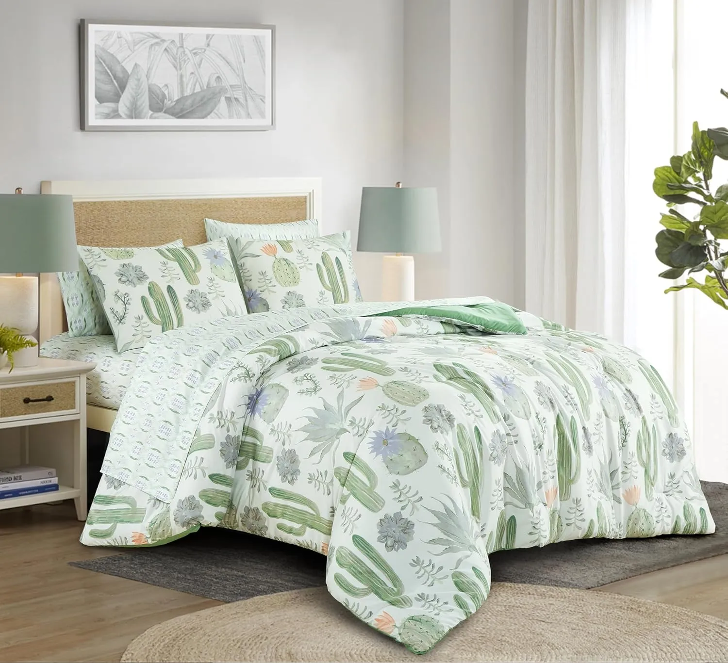 Chezmoi Collection Gregory 7-Piece Serene Lodge Bed in a Bag King Comforter Set - Green Blue Cactus Succulent Plant Printed Microfiber Bedding Set