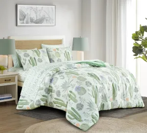 Chezmoi Collection Gregory 7-Piece Serene Lodge Bed in a Bag King Comforter Set - Green Blue Cactus Succulent Plant Printed Microfiber Bedding Set