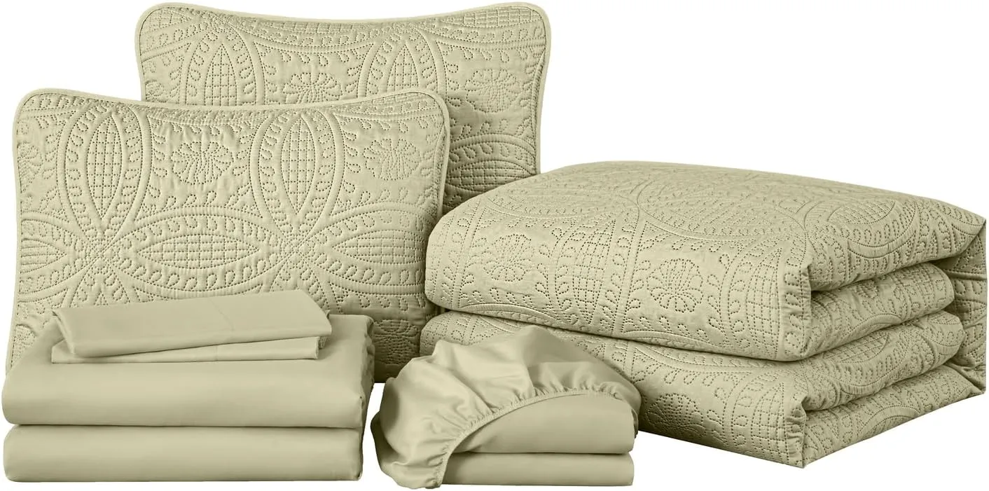 Chezmoi Collection Liam Tan Queen Size Bed in a Bag Comforter Set - 7 Pieces Coin Pattern Lightweight Comforter with Bed Sheets, Pillowcases & Shams Bedding Set for All Seasons
