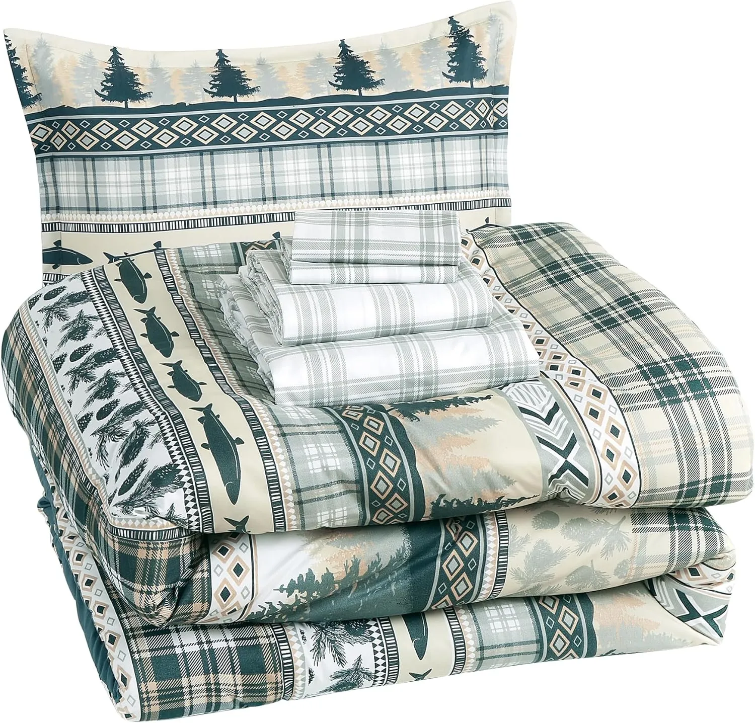 Chezmoi Collection Ridge 7-Piece Northwest Cabin Lodge Bed in a Bag Full Comforter Set - Multicolor Pine Tree Fish Deer Printed Microfiber Bedding Set