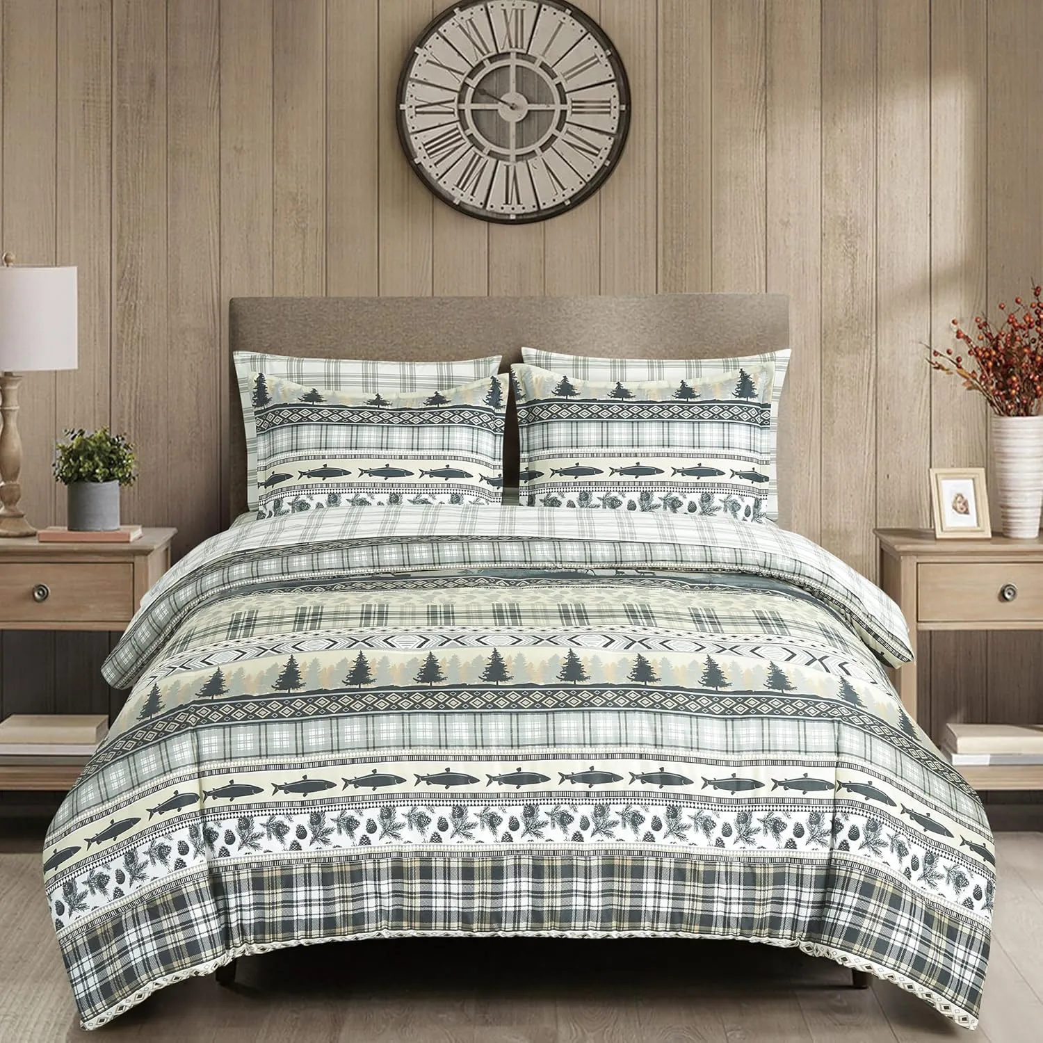 Chezmoi Collection Ridge 7-Piece Northwest Cabin Lodge Bed in a Bag Full Comforter Set - Multicolor Pine Tree Fish Deer Printed Microfiber Bedding Set