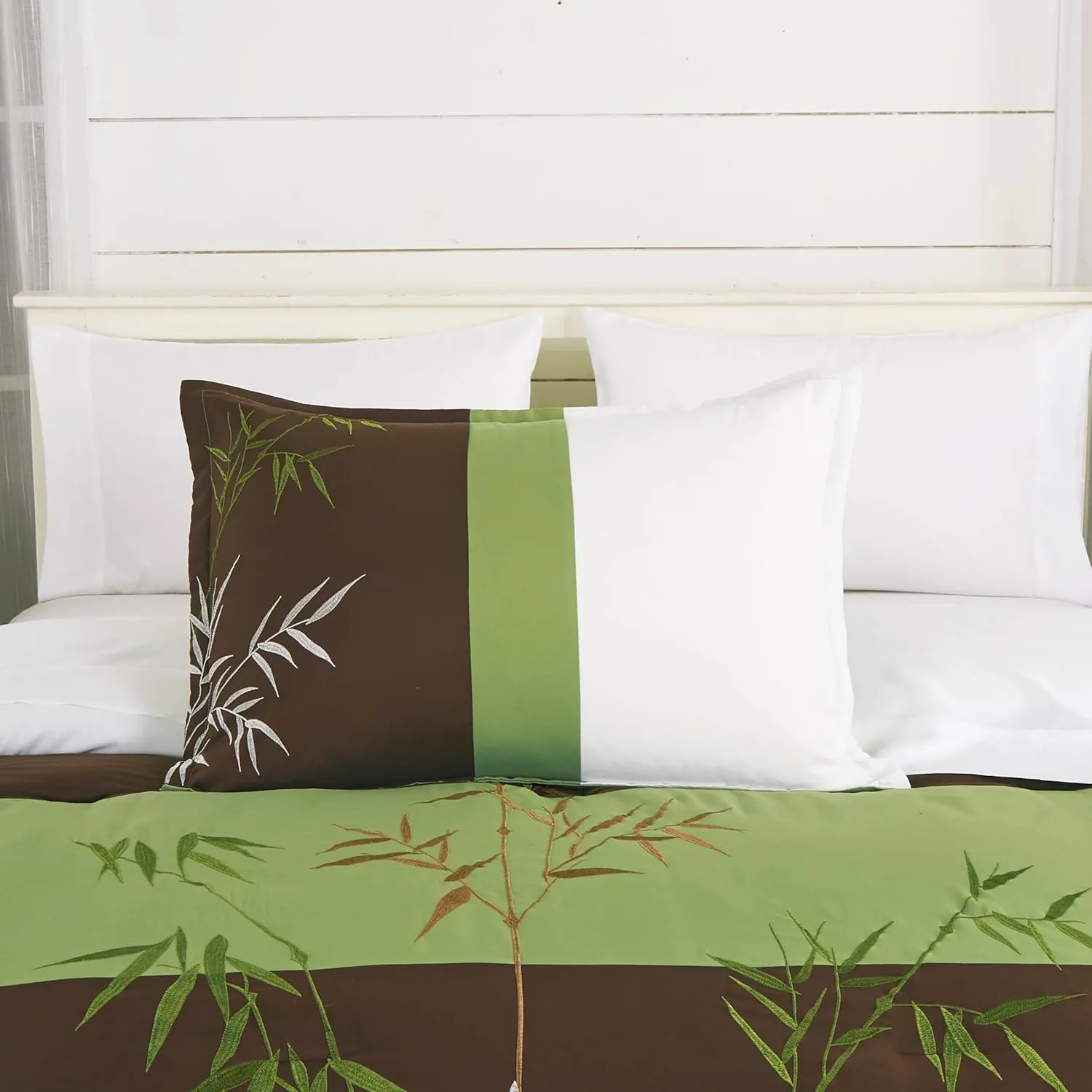 Chezmoi Collection Simon 7-Piece Bamboo Embroidered Bed in a Bag Comforter Set California King Size - Sage Green Brown Ivory Bamboo Grass Microfiber Comforter Bedding with Sheet Set