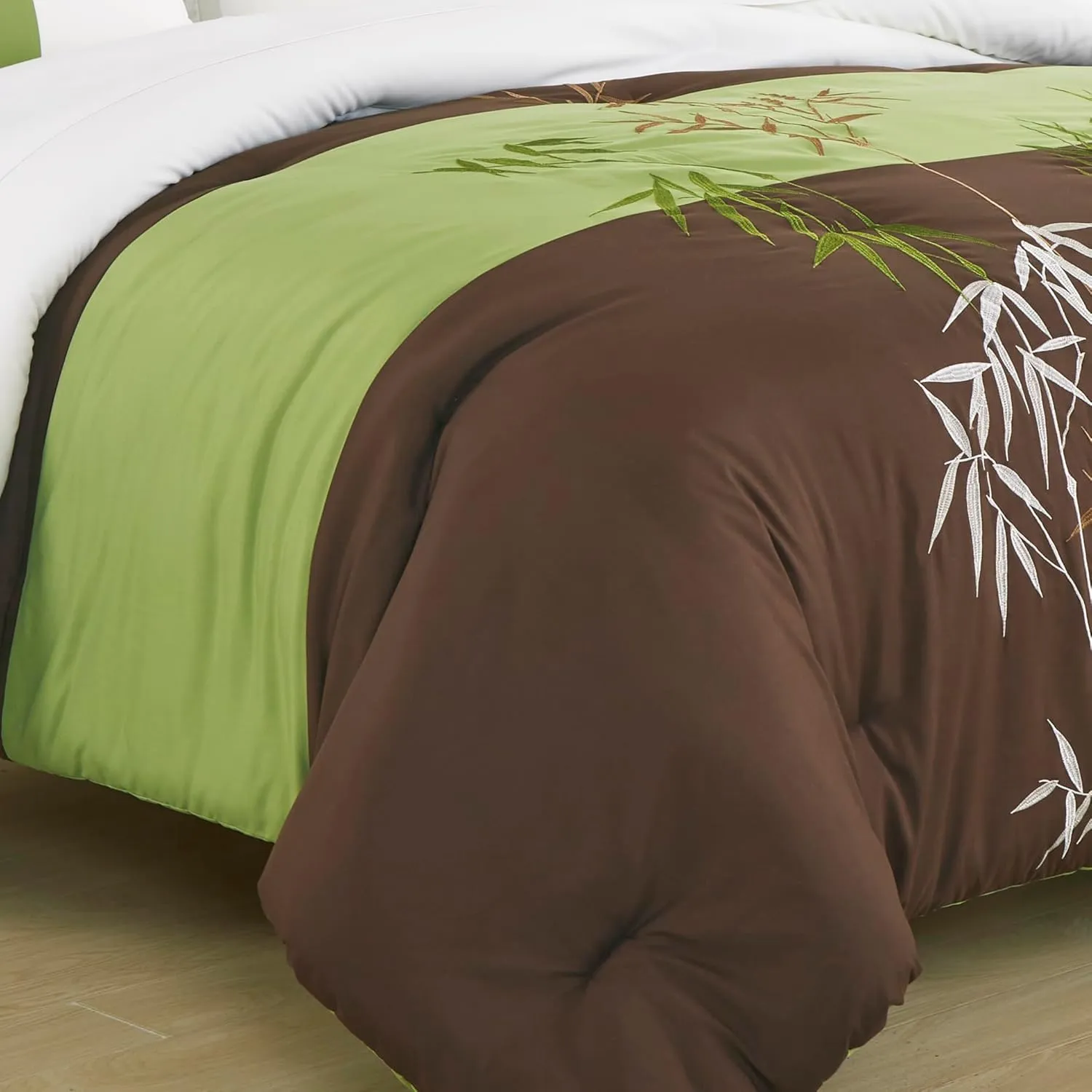Chezmoi Collection Simon 7-Piece Bamboo Embroidered Bed in a Bag Comforter Set California King Size - Sage Green Brown Ivory Bamboo Grass Microfiber Comforter Bedding with Sheet Set