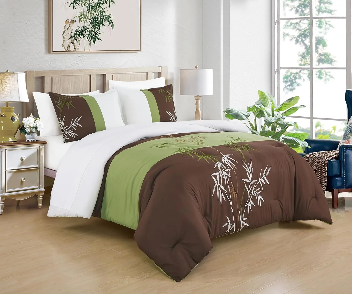 Chezmoi Collection Simon 7-Piece Bamboo Embroidered Bed in a Bag Comforter Set California King Size - Sage Green Brown Ivory Bamboo Grass Microfiber Comforter Bedding with Sheet Set