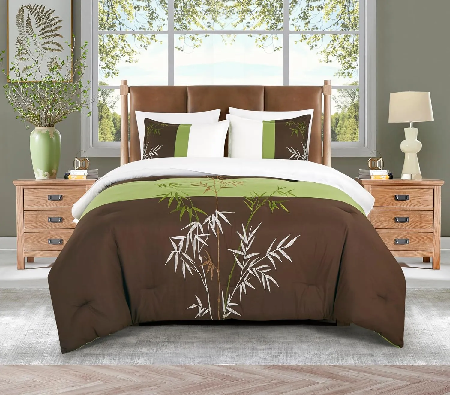Chezmoi Collection Simon 7-Piece Bamboo Embroidered Bed in a Bag Comforter Set California King Size - Sage Green Brown Ivory Bamboo Grass Microfiber Comforter Bedding with Sheet Set