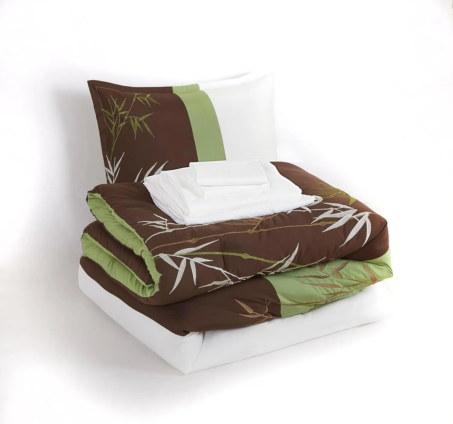 Chezmoi Collection Simon 7-Piece Bamboo Embroidered Bed in a Bag Comforter Set California King Size - Sage Green Brown Ivory Bamboo Grass Microfiber Comforter Bedding with Sheet Set