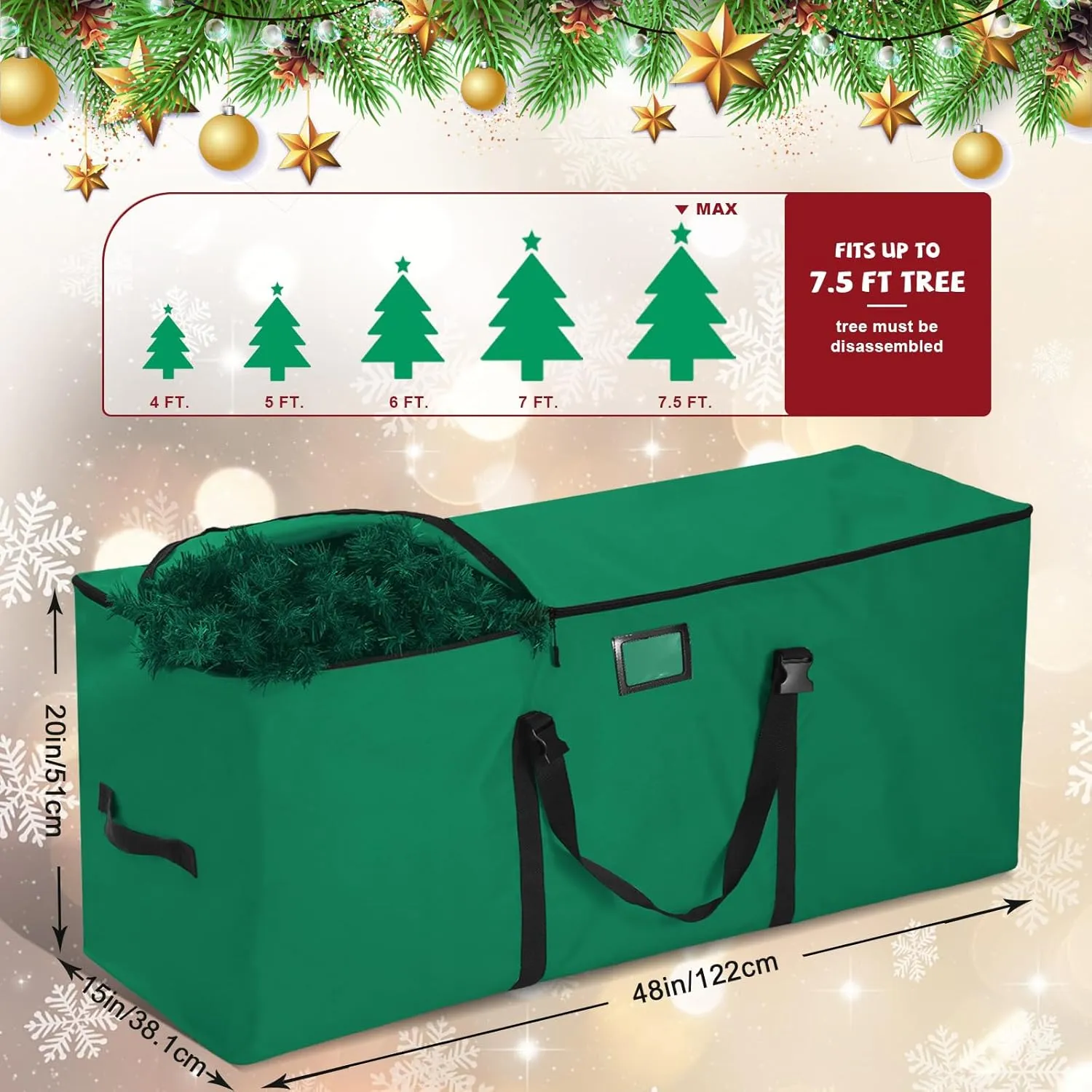Christmas Tree Storage Bag, Fits Up to 7.5 Ft Xmas Trees, Heavy Duty Anti-Tear 600D Oxford with Reinforced Handle Dual Zippers Wide Opening, Exterior Pockets, Extra Large Moving Bags (Green)