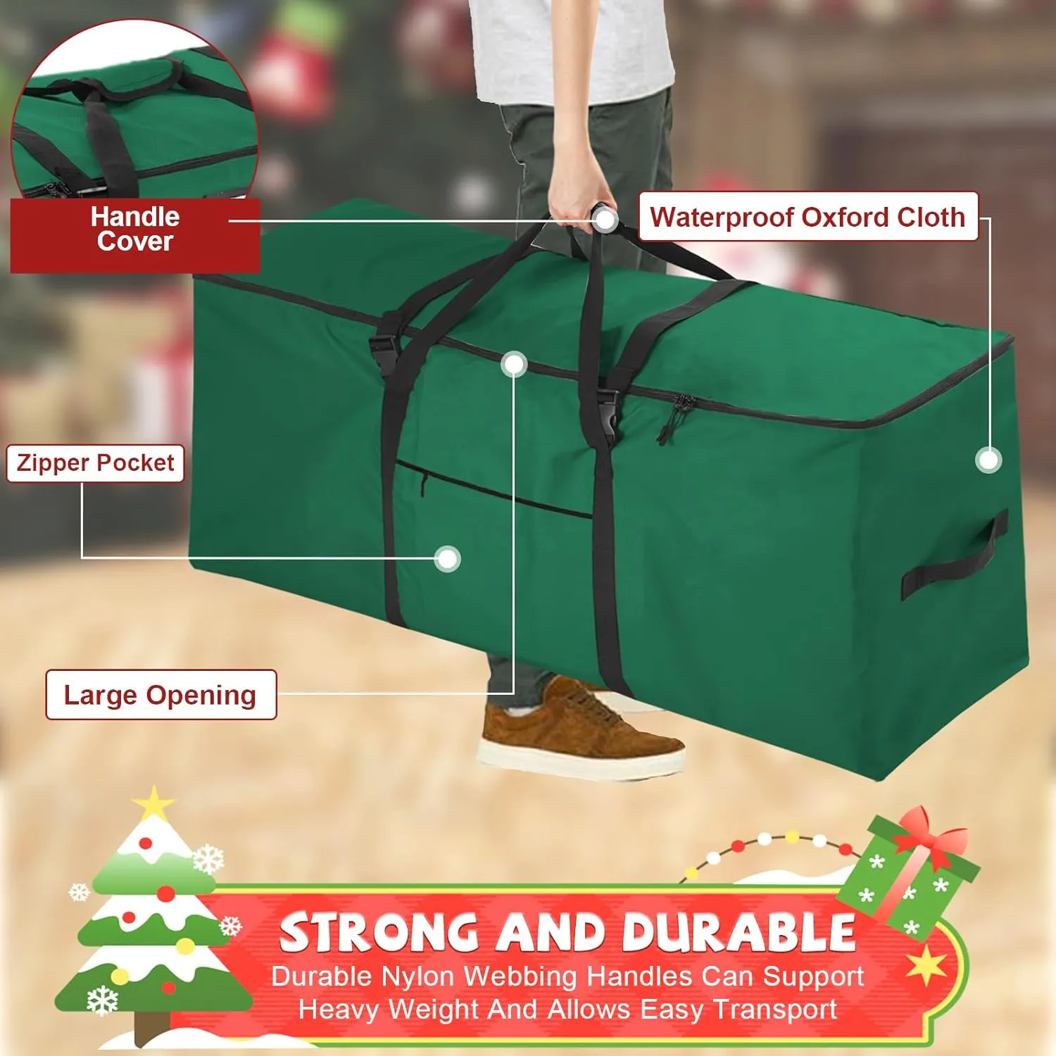 Christmas Tree Storage Bag, Fits Up to 7.5 Ft Xmas Trees, Heavy Duty Anti-Tear 600D Oxford with Reinforced Handle Dual Zippers Wide Opening, Exterior Pockets, Extra Large Moving Bags (Green)