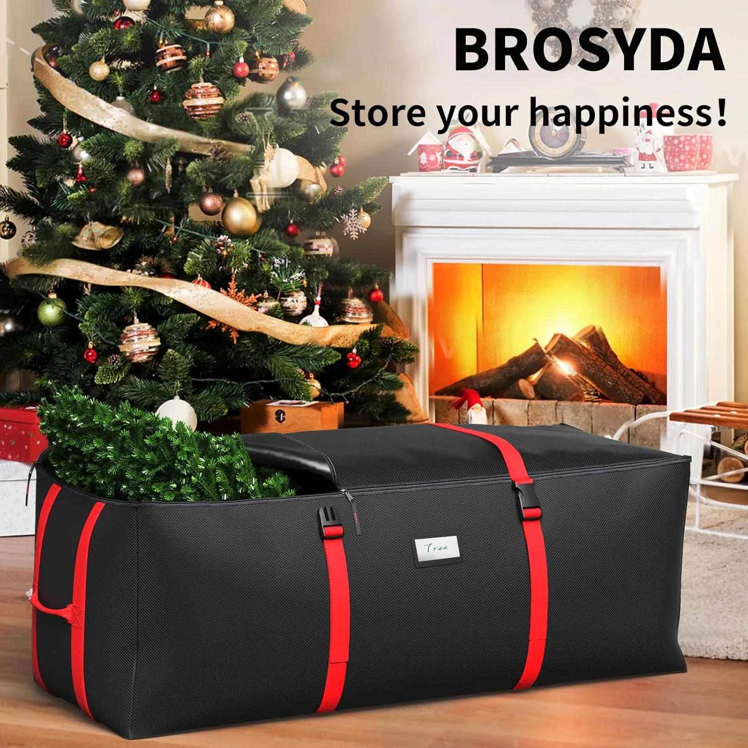 Christmas Tree Storage Bag, Fits Up to 9 Ft Artificial Christmas Tree with Buckle Straps & Dual Zippers & Handles, 600D PVC Durable Waterproof Material Protects from Dust (Black)