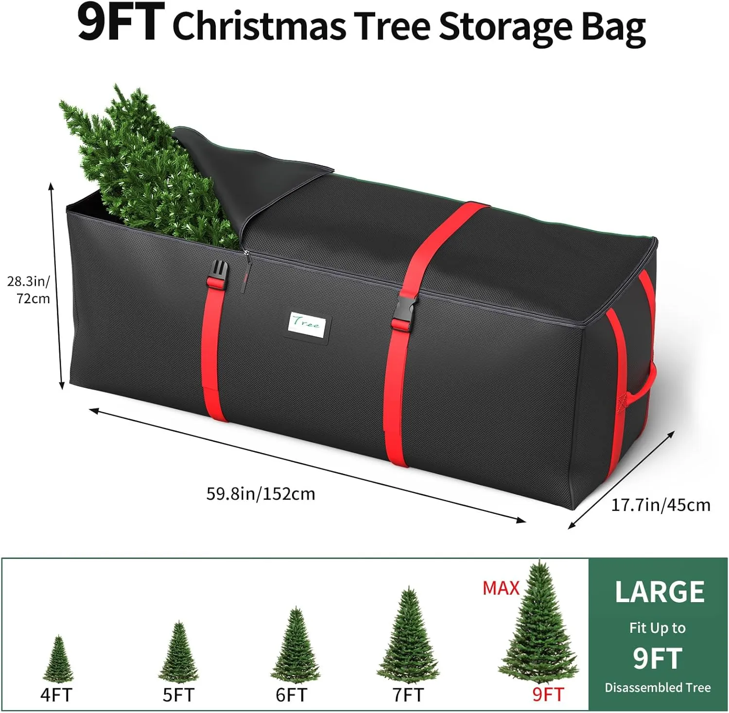 Christmas Tree Storage Bag, Fits Up to 9 Ft Artificial Christmas Tree with Buckle Straps & Dual Zippers & Handles, 600D PVC Durable Waterproof Material Protects from Dust (Black)