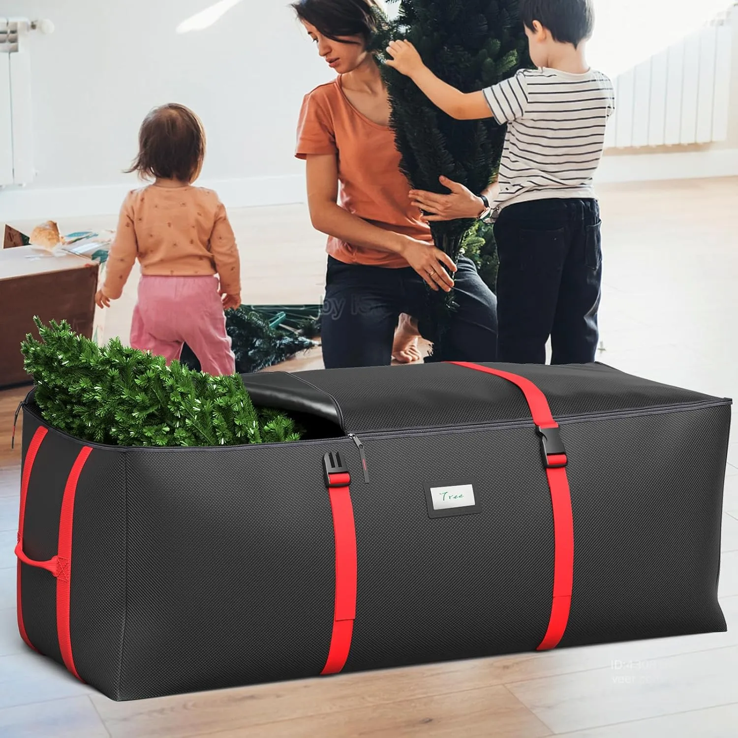 Christmas Tree Storage Bag, Fits Up to 9 Ft Artificial Christmas Tree with Buckle Straps & Dual Zippers & Handles, 600D PVC Durable Waterproof Material Protects from Dust (Black)